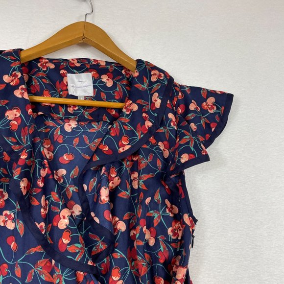 Anthropologie Hey There Cereja Cherry Print Faux Wrap Dress Size 6 Blue Satin - Picture 10 of 15